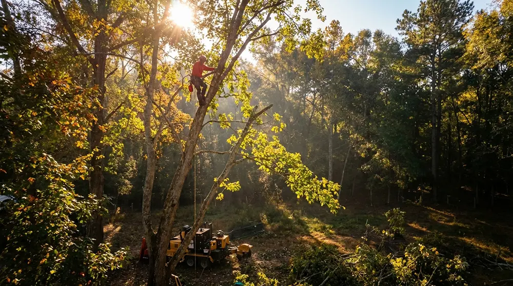 Tree removal crew clearing a wooded residential lot
